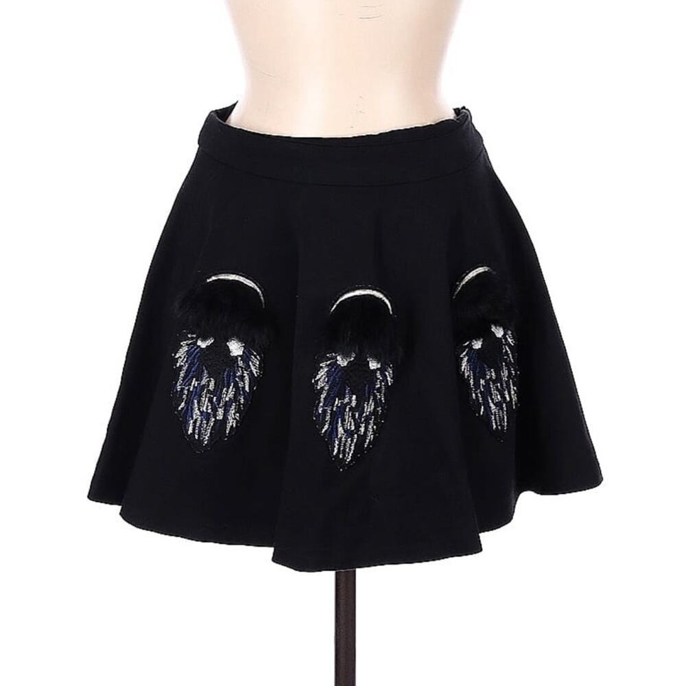 Nurenwei black rabbit fur, embroidered fit and flare skirt, size med